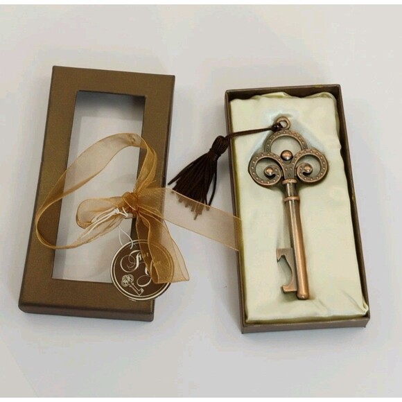 Wedding Favor Skeleton Key Bottle Opener Antique Copper Finish New In Gift Box - Picture 1 of 13